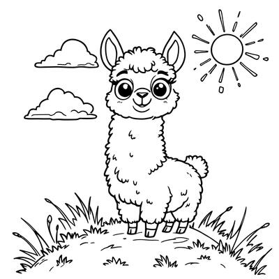 Cute Fluffy Baby Llama Standing on a Grassy Hill under a Sunny Sky Coloring Page