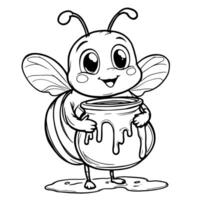 Adorable cartoon bee holding a pot of dripping honey a delightful line art coloring page for kids vector
