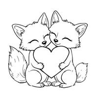 Adorable Line Art Illustration of Two Cute Foxes Hugging a Heart Shape Together for Coloring Fun vector