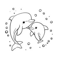 Charming Line Art Coloring Page Featuring Two Playful Dolphins Surrounded by Bubbles for Creative Fun vector