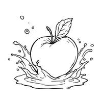 A Realistic and Detailed Line Art Coloring Page Featuring a Juicy Apple Splashing into Water with Bubbles and a Leaf vector