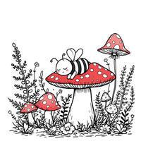 Adorable sleepy bee resting on a large red mushroom surrounded by smaller toadstools and whimsical forest foliage for a charming line art coloring page vector