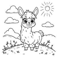 Cute Fluffy Llama Standing on a Hill Under a Sunny Sky with Clouds Line Art Coloring Page vector