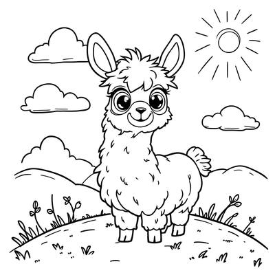 Cute Fluffy Llama Standing on a Hill Under a Sunny Sky with Clouds Line Art Coloring Page