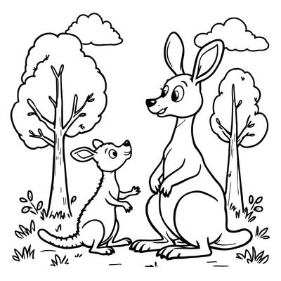 Cute Kangaroo Family in Nature Coloring Page for Kids and Adults Line Art