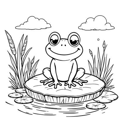 Cute Happy Frog Sitting on a Lily Pad in a Pond Surrounded by Reeds and Clouds Cartoon Style