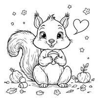 Cute Fluffy Squirrel Holding a Nut with Autumn Leaves and Pumpkins for a Coloring Book Page vector