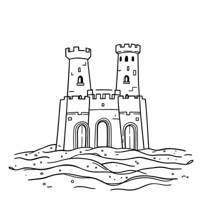 Detailed Line Art Illustration of a Majestic Sandcastle with Two Towers on a Sandy Beach Ocean Waves Background