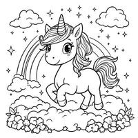 Charming Unicorn with Flowing Mane and Rainbow Backdrop for Creative Coloring Adventures vector