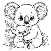 Adorable Mother and Baby Koala Hugging Surrounded by Eucalyptus Leaves Line Art Coloring Page for Kids vector