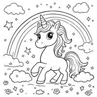 Adorable Unicorn Rainbow Clouds Stars Magical Fantasy Creature Line Art Coloring Page vector