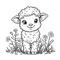 Cute Baby Sheep Sitting in a Field of Flowers for Coloring Fun vector
