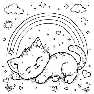 Adorable Kitten Resting Under a Beautiful Rainbow Surrounded by Cute Stars and Clouds for a Fun Coloring Experience