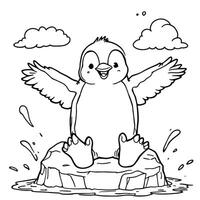 Adorable Happy Penguin Sitting On Iceberg With Wings Spread Open For Coloring Fun vector