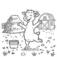 Happy Little Goat Dancing in a Farmyard Scene with Barn and Haystack Coloring Page vector