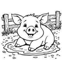 Adorable Piglet Relaxing in a Mud Puddle on a Farm Coloring Page vector