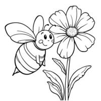 Charming Line Art Coloring Page Featuring a Happy Bee Visiting a Big Daisy Flower vector