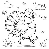 Cute cartoon turkey running happily with its tail feathers fanned out a simple line art drawing vector