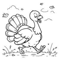 Happy cartoon turkey running in field with birds flying in the sky line art coloring page vector
