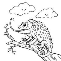 Cute Chameleon Sitting on a Tree Branch with Happy Clouds Detailed Line Art Coloring Page vector