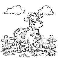 Cute cartoon cow with bell standing in grassy field behind wooden fence under clouds line art coloring page vector
