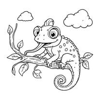 Cute Cartoon Chameleon Perched on a Tree Branch with its Tongue Sticking Out Coloring Page vector