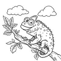 Cute Chameleon Sitting on a Tree Branch with Leaves and Clouds Simple Line Art Coloring Page for Kids vector