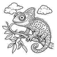 Cute Chameleon Sitting on a Branch with its Tongue Out and Clouds in the Sky Line Art Coloring Page for Kids vector