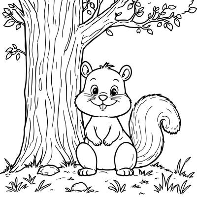 A Cute Baby Squirrel Sitting Under a Big Tree in a Forest Detailed Line Art Coloring Page for Kids