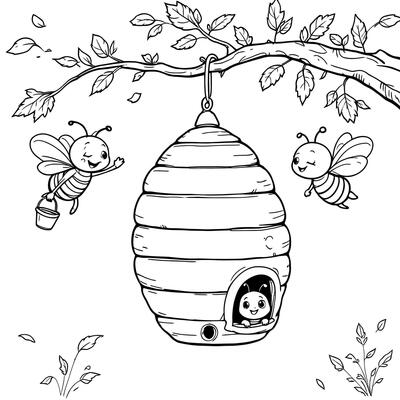 Charming Line Art Coloring Page Featuring Happy Bees and a Sweet Honeycomb Hanging from a Tree Branch