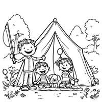 Happy Family Enjoying Camping Adventure Outdoors Together With Their Dog Near A Tent Scene vector