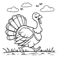 A Happy Cartoon Turkey Walking Proudly Through a Field Under the Clouds vector