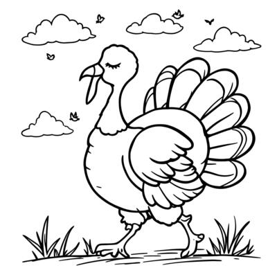 A Happy Thanksgiving Turkey Walking Through a Grassy Field with Fluffy Clouds Above for a Coloring Page Design