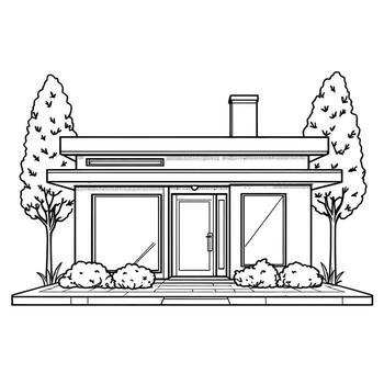 moderno arquitectónico casa diseño con arboles y arbustos en sencillo línea Arte estilo vector