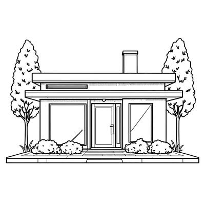 Modern Architectural House Design with Trees and Bushes in Simple Line Art Style