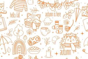 Cute autumn doodle outline seamless pattern. Orange fall background for kids fabric vector