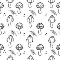 Mushroom doodle seamless pattern. Forest fungi outline background for coloring vector