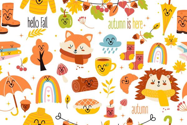 Kawaii Autumn Cute Elements Seamless Pattern.