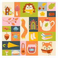 Autumn-themed collage of cute illustrations vector