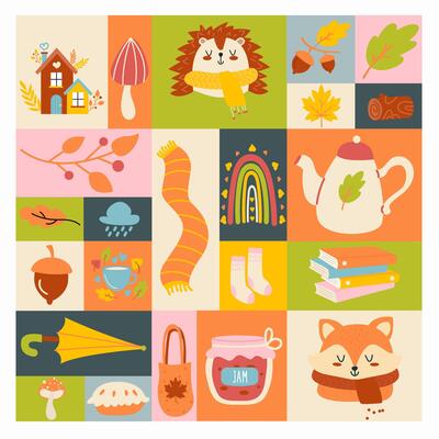 Enchanted Autumn Woodland Pattern. Seamless pattern with cute foxes, hedgehogs, and fall leaves