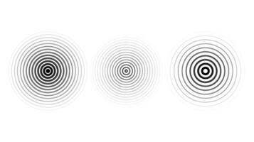 Concentric ripple circles set. Sonar or sound wave rings collection. Epicentre, target, radar icon concept. Radial signal or vibration elements. vector
