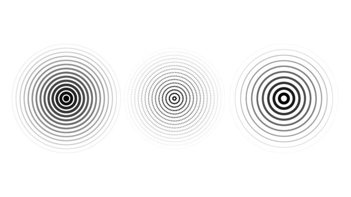 Concentric ripple circles set. Sonar or sound wave rings collection. Epicentre, target, radar icon concept. Radial signal or vibration elements.