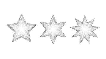 Dotted grain stars set. Black stippled shapes collection. Various noise textured asterisks. Different halftone dot work stellar forms. stochastic vector