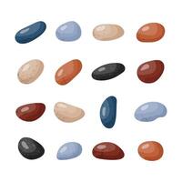 Pebble stones collection. Different beach pebbles shape set. Various forms of smooth rocks. Sea or river pebbles. Spa or garden stones. cartoon vector
