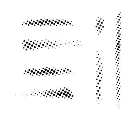 Grunge halftone strokes set. Black comic pop art stripes collection. Halftone textured spot, blot and stain shapes. Monochrome dotted design element.