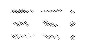 Grunge halftone strokes and stops set. Black comic pop art stripes and lines collection. Halftone textured spot, blot and stain shapes. Monochrome dotted design element. vector