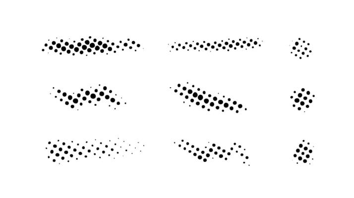 Grunge halftone strokes and stops set. Black comic pop art stripes and lines collection. Halftone textured spot, blot and stain shapes. Monochrome dotted design element.