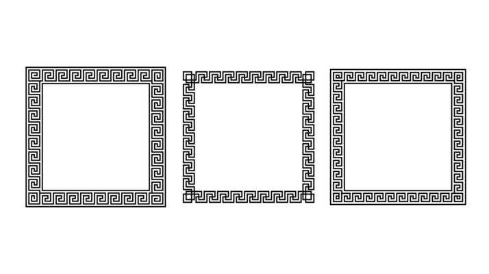 Greek ornament square frames set. Meander rectangle patterns collection. Ancient Greek fret borders. Geometric meandros motif