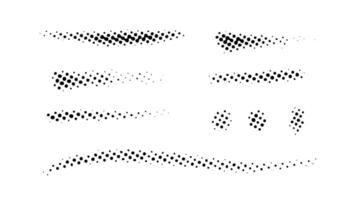 Grunge halftone strokes and stops set. Black comic pop art stripes and lines collection. Halftone textured spot, blot and stain shapes. Monochrome dotted elements vector