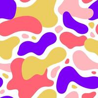 Liquid forms seamless background. Fluid elements repeating wallpaper. Organic blobs backdrop in yellow, purple and red. Modern texture vector
